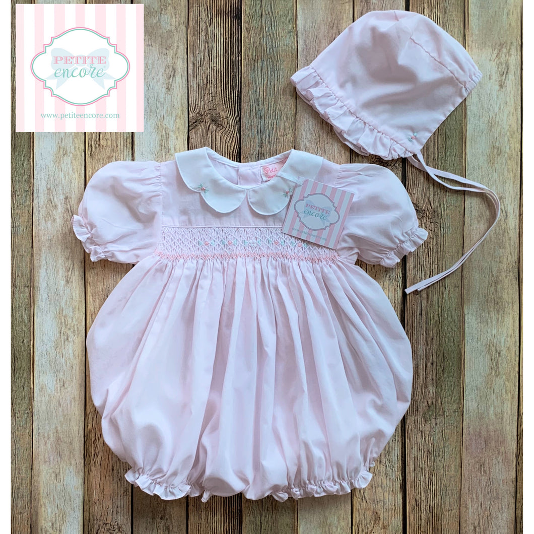 Smocked bubble with bonnet by Petit Ami 9m