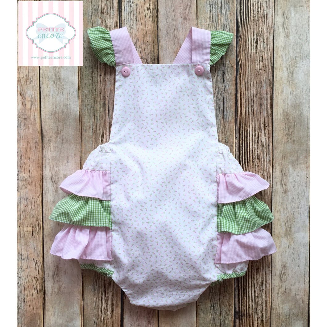 Pink and green ruffled one piece 12m