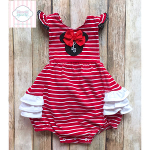 Monogrammed Minnie themed one piece by Classic Whimsy 18m