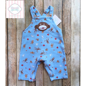 Sock monkey themed overalls by New Potatoes 3m
